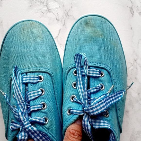 Keds Aqua Blue  Ladies Gingham Laces Canvas Low Top Sneaker Shoes Size 7.5 - Picture 11 of 14